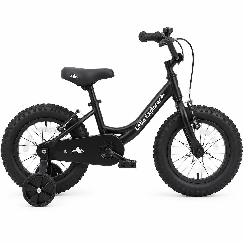 WitgoedNu Kinderfatbike 16 inch — dikke banden, handrem en terugtraprem, zwart fatbikes vooraanzicht