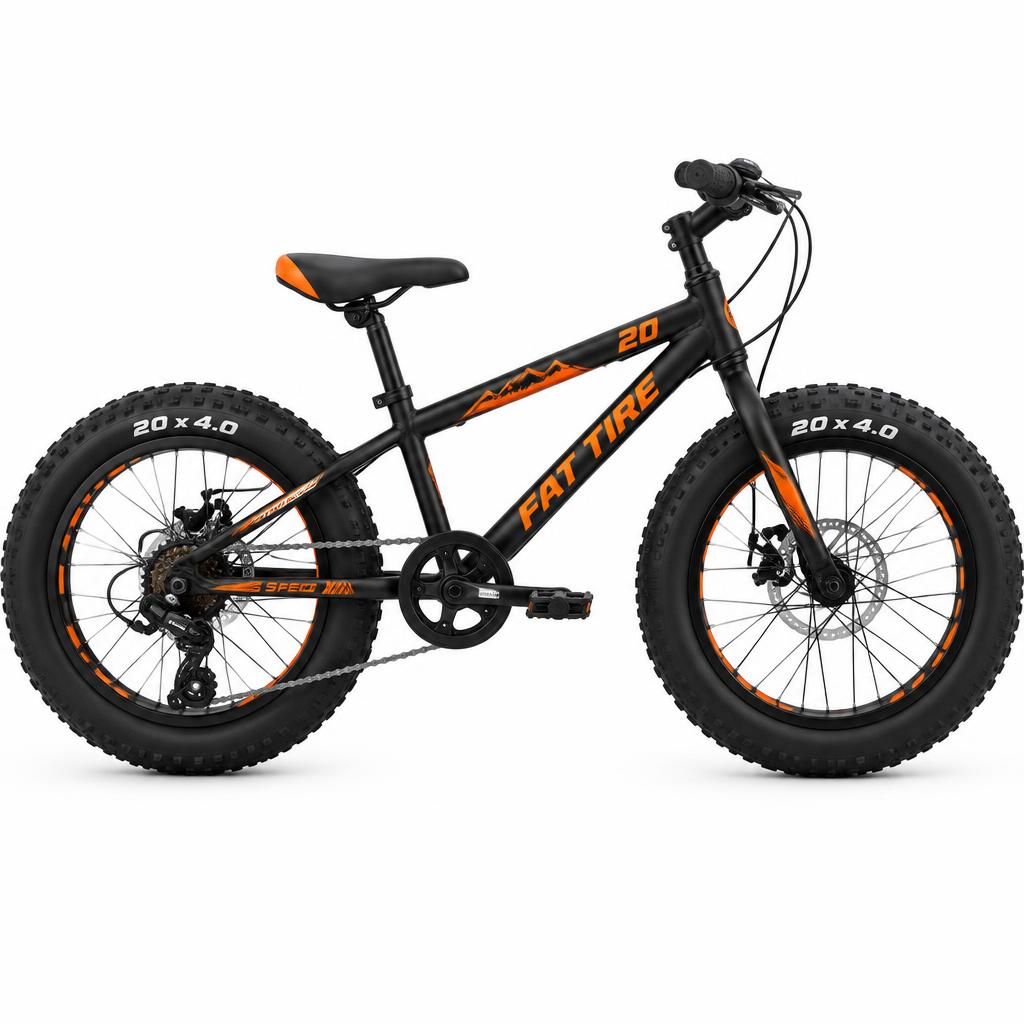 WitgoedNu Kinderfatbike 20 inch — 6 versnellingen, schijfremmen, zwart/oranje fatbikes vooraanzicht