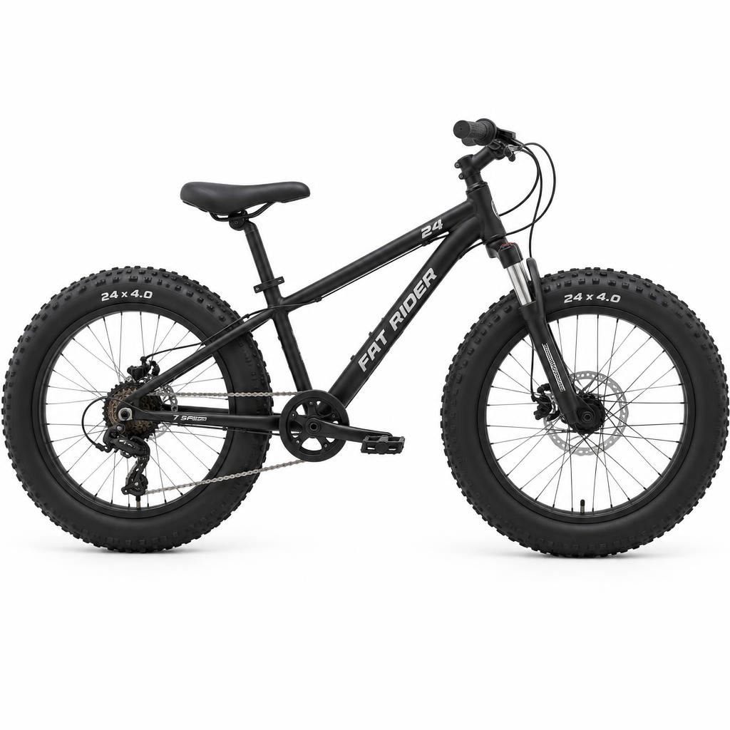 WitgoedNu Kinderfatbike 24 inch — 7 versnellingen, voorvering, zwart fatbikes vooraanzicht